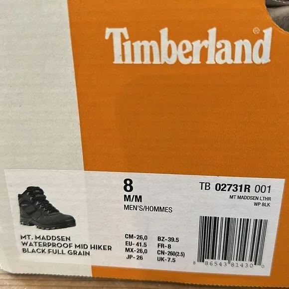 Timberland Men's Mt. Maddsen Mid Waterproof Hiking Boot Black NEW in Box - Picture 9 of 9
